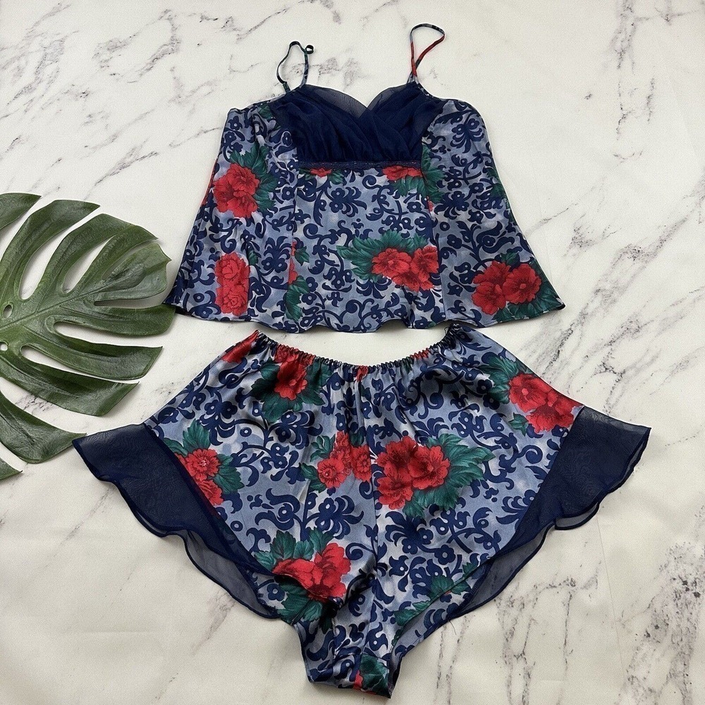 Honors Womens Vintage Satin Pajama Set Size L Blue Floral Intimates 90s Pjs
